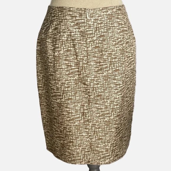 Banana Republic Silk Midi Pencil Skirt Gold Ivory Geometric Print Pleated Size 4 - Picture 2 of 11